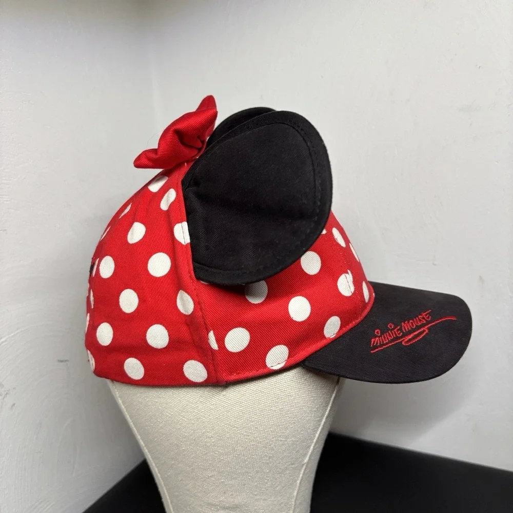 DISNEY Parks Minnie Mouse Hat Cap Ears Bow Snapback Youth Size Red W/ Polka Dots